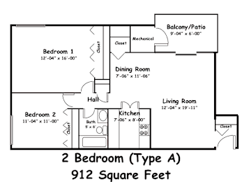 A drawing of a 2 Bedroom (Type A) house plan with a total area of 912 Square Feet.