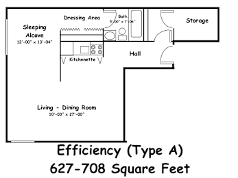 A floor plan for an Efficiency (Type A) room, which is 627-708 square feet.