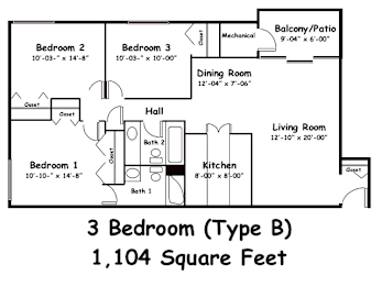 A floor plan of a 3 bedroom apartment with a living room, dining room, kitchen and bathrooms.