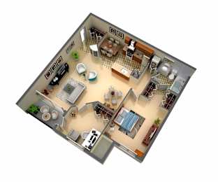 A 3D floor plan of a house with a kitchen, living room, dining room, and bedrooms.