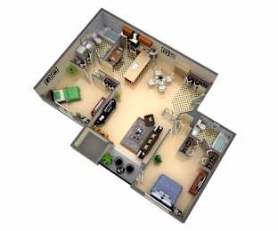 A 3D image of a dollhouse with various rooms and furniture.