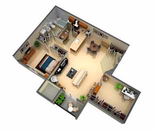 A 3D floor plan of a house with a kitchen, living room, dining room, and a small garden.