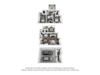 Aero Luxury Townhomes | 3 Bed Townhome 3D Floor Plan