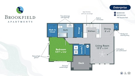 A Brookfield Apartments floor plan shows a well-equipped kitchen, a living room, and a bathroom.