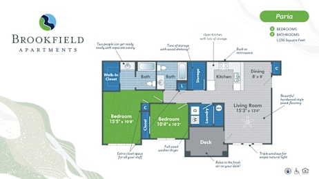 A Brookfield Apartments floor plan shows a living room, two bedrooms, a bathroom, a kitchen, and a deck.
