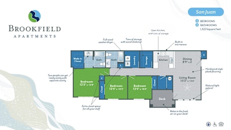 A Brookfield Apartments floor plan for a San Juan apartment includes a living room, three bedrooms, a kitchen, and a deck.