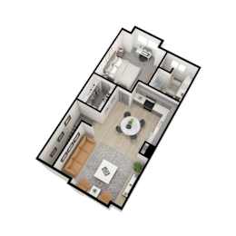 A floor plan of a house with a living room, kitchen, and two bedrooms.