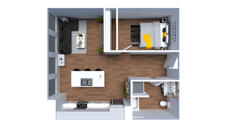 A top-down view of a small, neatly organized apartment with a kitchen, living room, and bedroom.