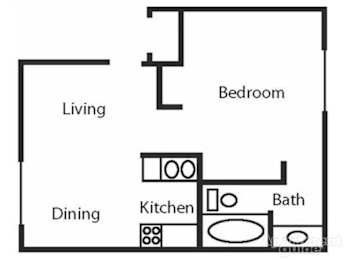 A simple black and white drawing of a house layout with labeled rooms.