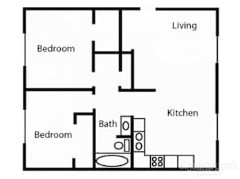 A black and white drawing of a house layout with two bedrooms, a living room, a kitchen, and a bathroom.