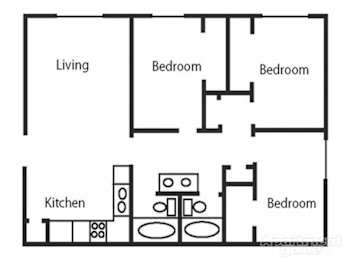 A black and white image of a floor plan for a small apartment.
