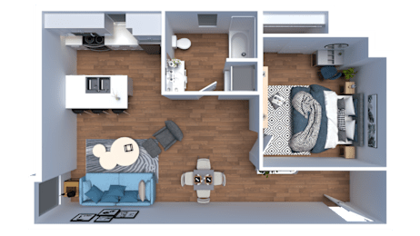 A 3D floor plan of a small apartment with a living room, kitchen, and bedroom.