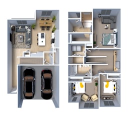 A digital rendering of the floorplan with furniture for a 3 Bedroom Townhome in Washington, UT