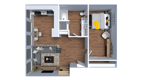 A 3D floor plan of a small apartment with a living room, kitchen, and bedroom.
