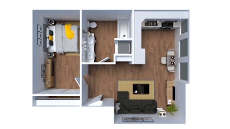 A 3D floor plan of a small apartment with a living room, kitchen, and bedroom.
