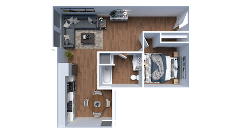 A top-down view of a small apartment with a kitchen, living room, and bedroom.