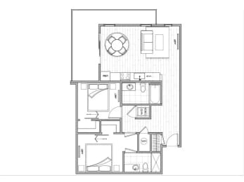 floor plan of a small apartment with living room and kitchen at Lotus Gallacher luxury apartments for rent in Salt Lake City, UT