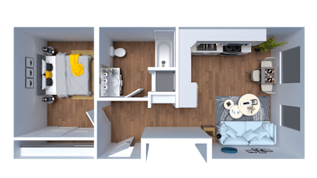 A top-down view of a small apartment with a bedroom, living room, and kitchen.