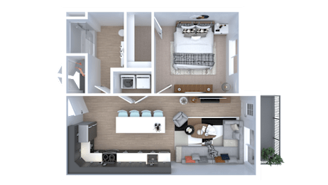 A 3D floor plan of a house showing a kitchen, living room, dining area, and bedrooms.