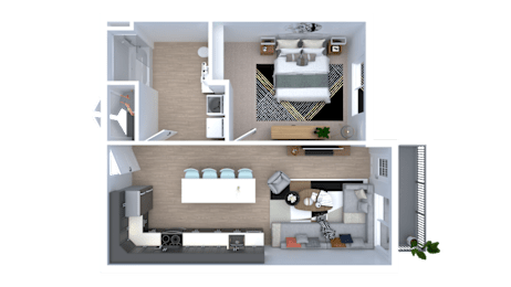 A 3D floor plan of a house with a living room, kitchen, and bathroom.
