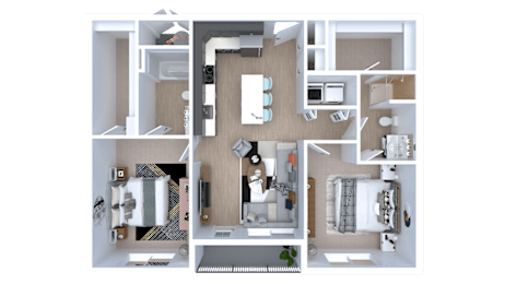 A 3D floor plan of a house with multiple rooms and furniture.