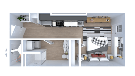 A 3D rendered image of a modern bedroom with a bed, desk, and entertainment system.
