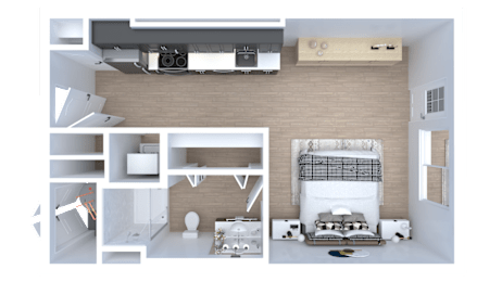 A 3D rendered image of a modern apartment layout.
