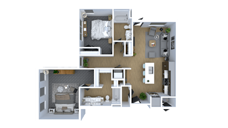 A 3D floor plan of a small apartment with a kitchen, living room, and bedroom.