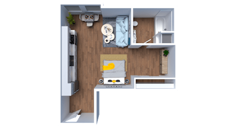 A 3D floor plan of a small apartment with a kitchen, living room, and bedroom.