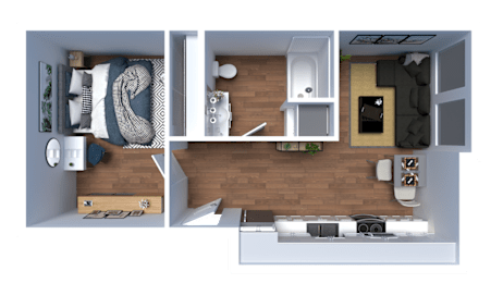 A top-down view of a small apartment layout with a kitchen, living room, and bedroom.