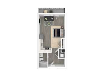 A floor plan of a small apartment with a kitchen, living room, and bathroom.