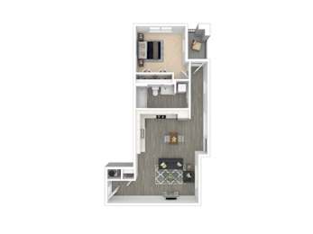 A floor plan of a house with a kitchen, living room, and two bedrooms.