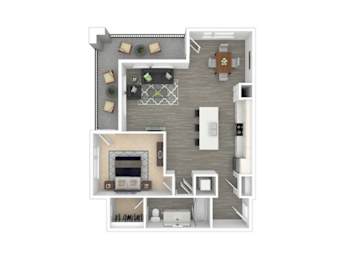 A top-down view of a house layout with a living room, kitchen, and dining area.