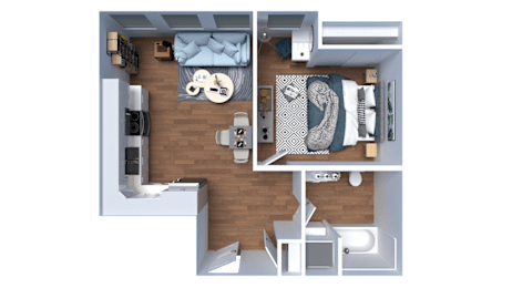 A 3D floor plan of a small apartment with a bedroom, living room, and kitchen.