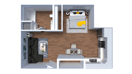 A 3D floor plan of a small apartment with a bedroom, living room, and kitchen.