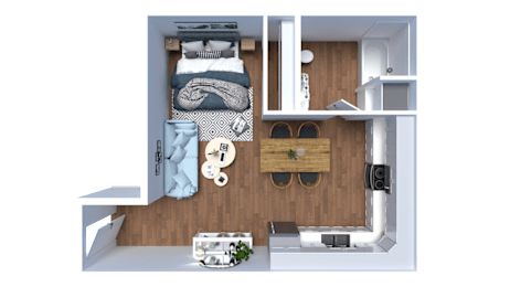 A bedroom with a bed, nightstand, and a small table with a plant on it.