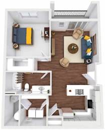 A top-down view of a small apartment with a living area, kitchen, and bedroom.