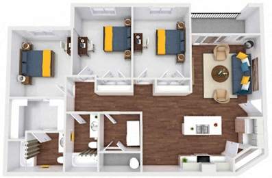 A 3D floor plan of a house with two bedrooms, a living room, a kitchen, and a bathroom.