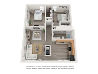 A floor plan of a house with a kitchen, living room, dining room, and bedrooms.