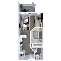 A 3D floor plan of a small apartment with a kitchen, living room, and bedroom.