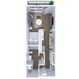 A top-down view of a small, modern apartment with a kitchen, living room, and bathroom.
