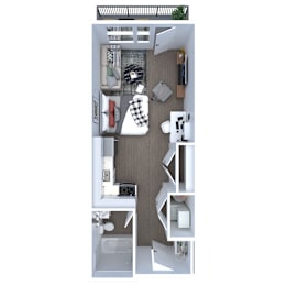 A top-down view of a small, neatly organized bedroom with a bed, desk, and chair.