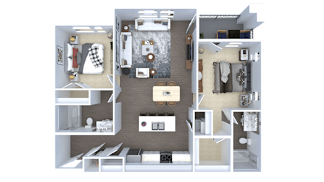 A detailed 3D floor plan of a small apartment layout.
