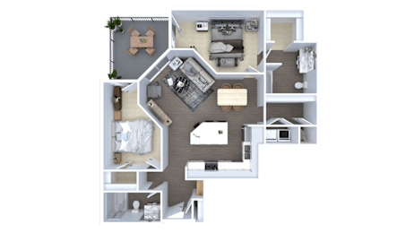A 3D floor plan of a house with a kitchen, living room, and bedrooms.