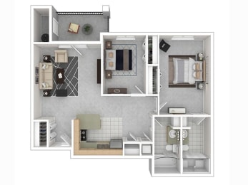 3d floor plan of the 2 bed 2 bath apartment for rent at Riley Court in Bountiful, Utah