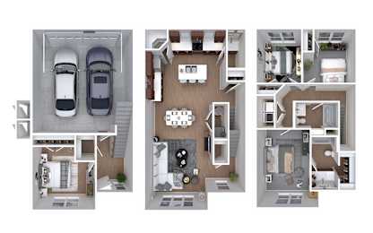 A series of three images showing different layouts of a car, a bedroom, and a living room.