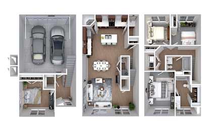 A top-down view of a house layout with a garage, living room, kitchen, and bedrooms.