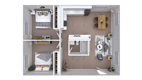 A 3D floor plan of a small apartment with a bedroom, living room, and kitchen.