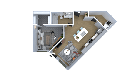 A 3D floor plan of a house showing a kitchen, living room, and two bedrooms.