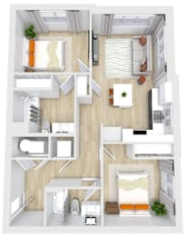 A top-down view of a modern apartment layout with a kitchen, living room, and bedrooms.